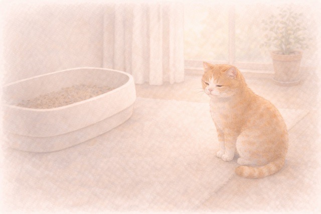 トイレのそばで座る猫。排泄環境を見直す場面のイメージ
