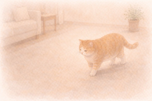 年齢を重ね、ゆっくり歩く様子のシニア猫のイラスト
