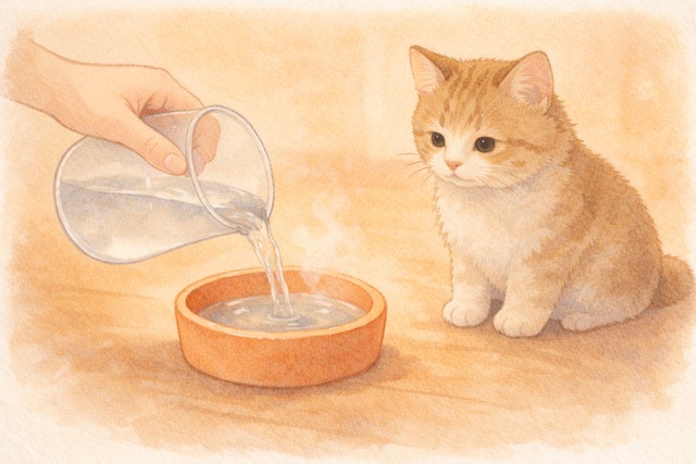 猫の水皿にぬるま湯を注いで温める様子のイラスト