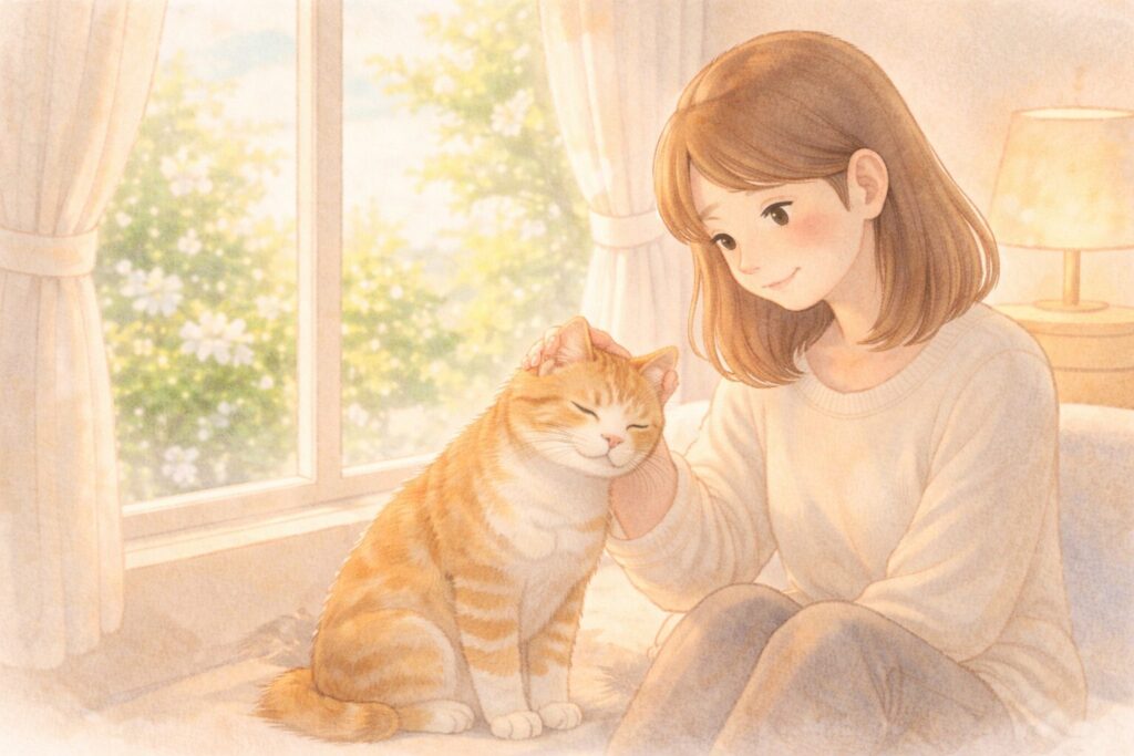 窓辺でシニア猫をやさしくなでる飼い主のイラスト