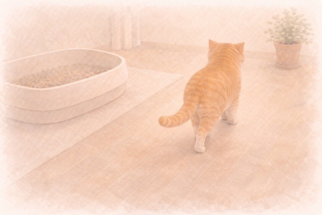 トイレから離れて歩く猫の後ろ姿。いつもと違う行動を示すイメージ