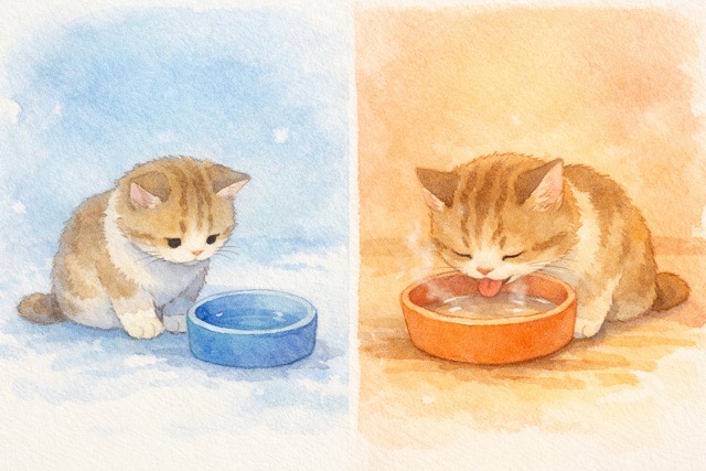 冷たい水を前にした猫と、ぬるめの水を飲んでいる猫の比較イラスト