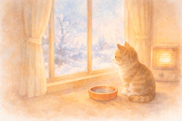冬の窓辺でぬるめの水を飲む猫のイラスト