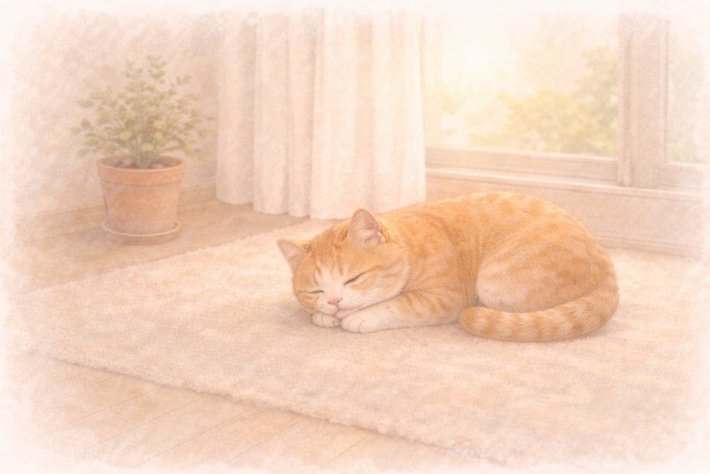 窓辺で穏やかに過ごすシニア猫のイラスト。小さな変化を見守る安心感を表現