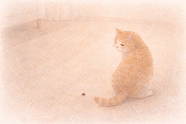 床に落ちた小さなうんちに気づき、少し振り返るシニア猫のイラスト