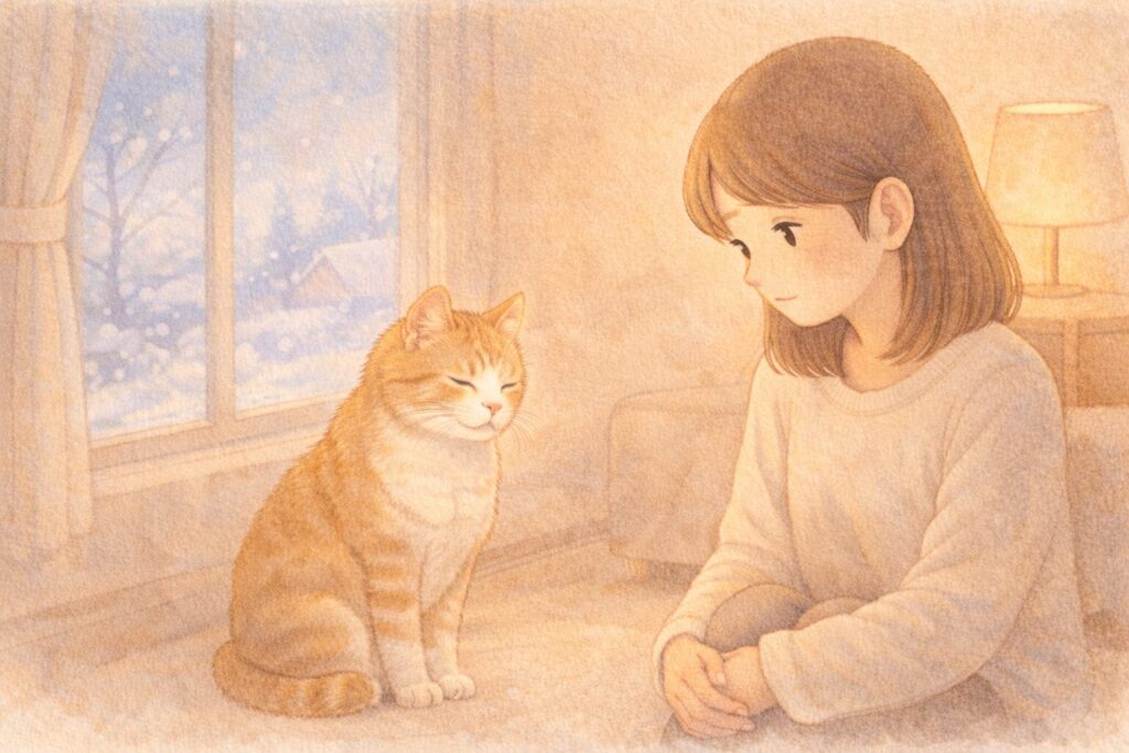 夜の室内でシニア猫と向き合い、考えごとをしている飼い主のイラスト