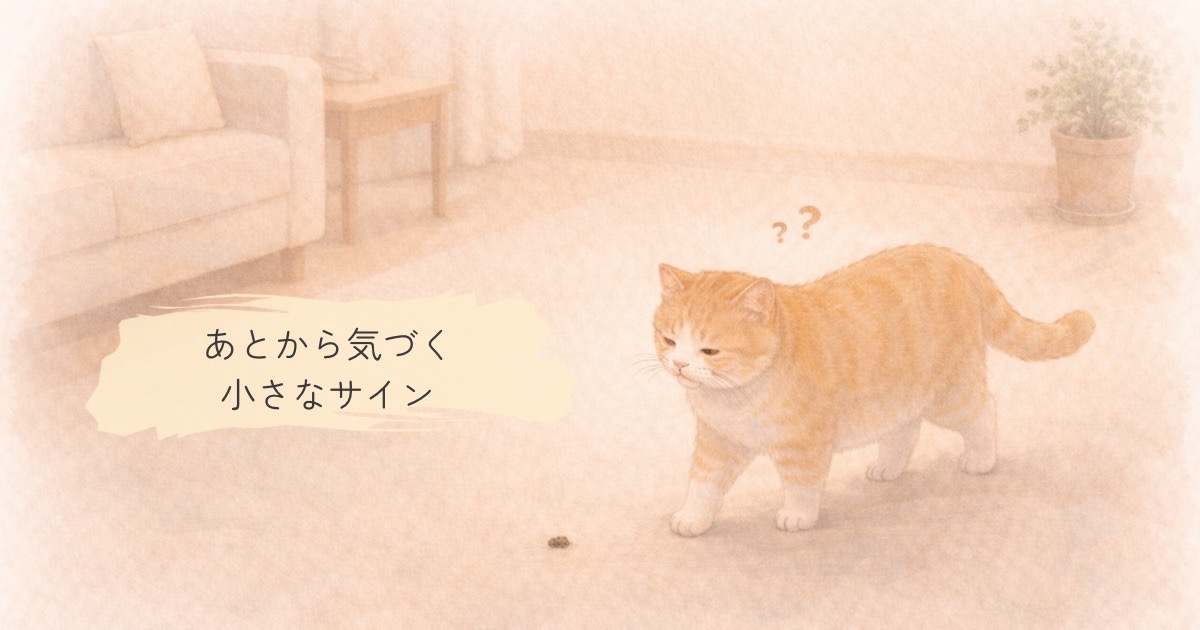 猫の近くに小さなうんちが落ちていて、あとから気づくシニア猫のイラスト