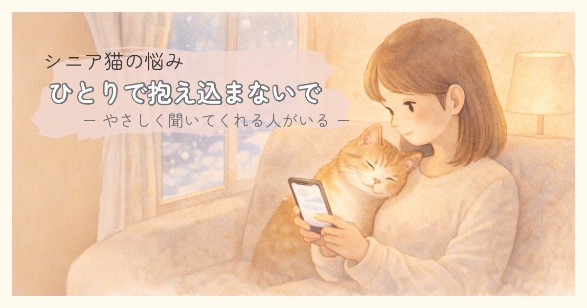 シニア猫の悩みをひとりで抱え込まないことを伝えるイラスト