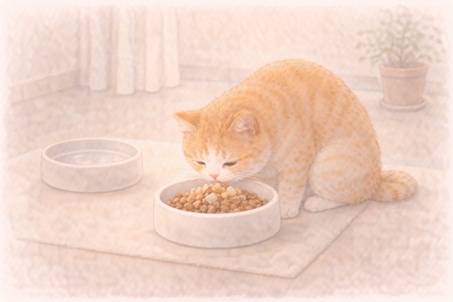 いつもの食事に少量のフリーズドライを添えている猫の食事風景のイラスト。フリーズドライを補助的に取り入れる例