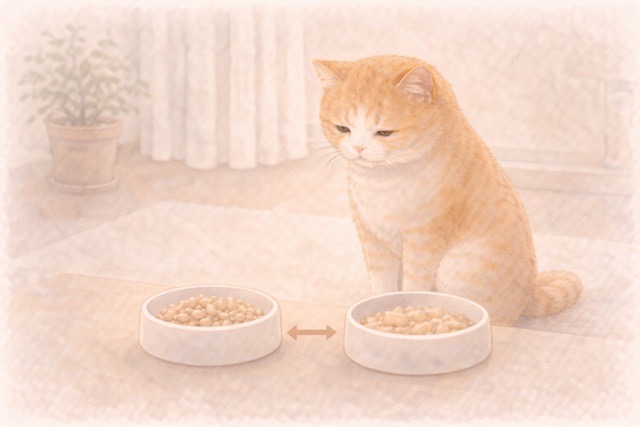 乾燥したフリーズドライと、水で戻したフリーズドライを見比べる猫のイラスト。フリーズドライが主食になる条件を考える場面