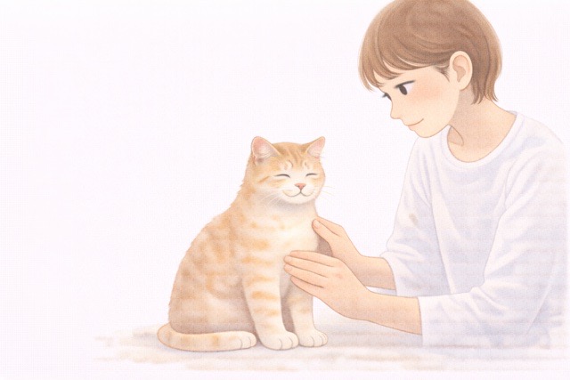 シニア猫の体調を確認するため体に触れている飼い主