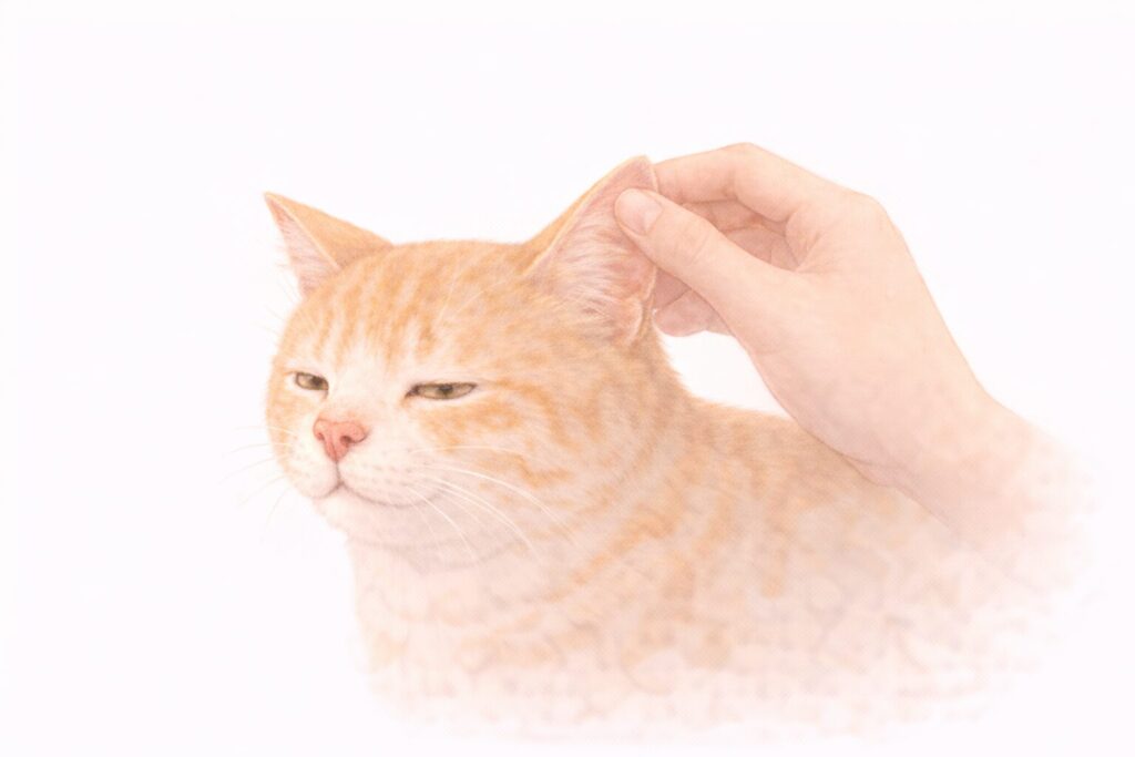 猫の耳の温度を手で確認している様子