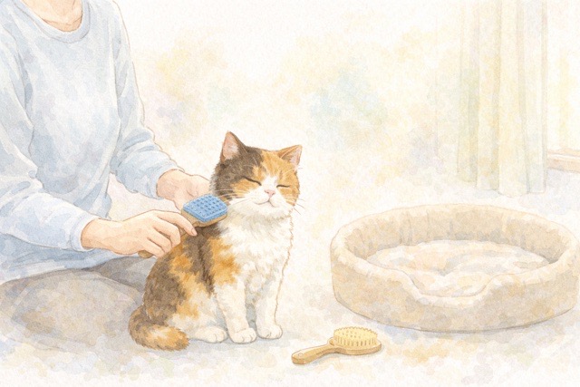 猫の様子を見ながら短時間でやさしくブラッシングしている水彩風イラスト