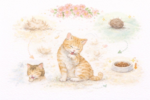 春の換毛期に見られやすい抜け毛や毛玉の変化を示した図