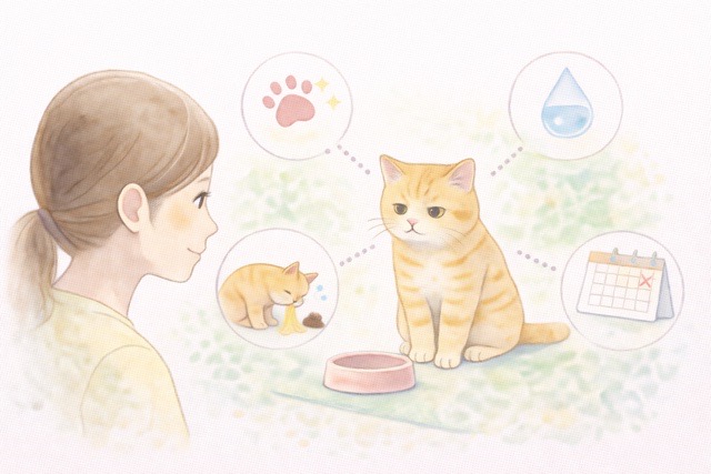 春に食欲が落ちた猫の元気、水分、お腹の調子を確認するポイントを示した図