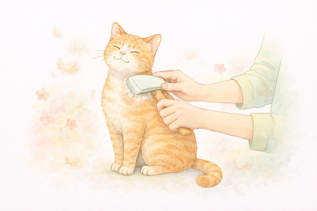 春の換毛期に猫をブラッシングしてケアしている様子