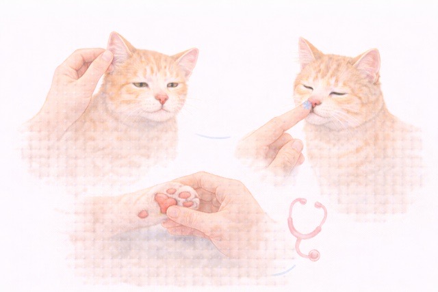猫の体調チェックをしている飼い主のイラスト。 猫の耳、肉球、鼻を優しく触って確認している様子。