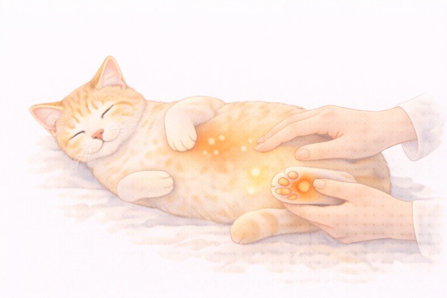 猫の体調を確認して肉球の温度をチェックしている様子