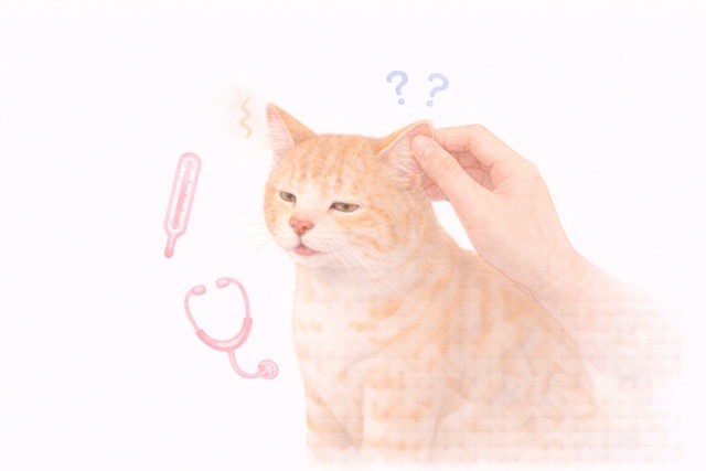 猫の耳の熱さと体調をチェックする様子