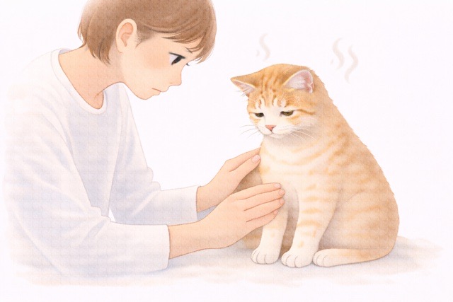 体温が高く元気がない様子の猫を心配して見守る飼い主