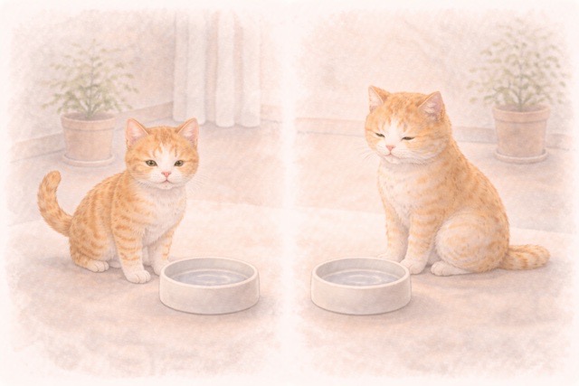 若い猫とシニア猫の水分摂取の違いを表した比較イラスト