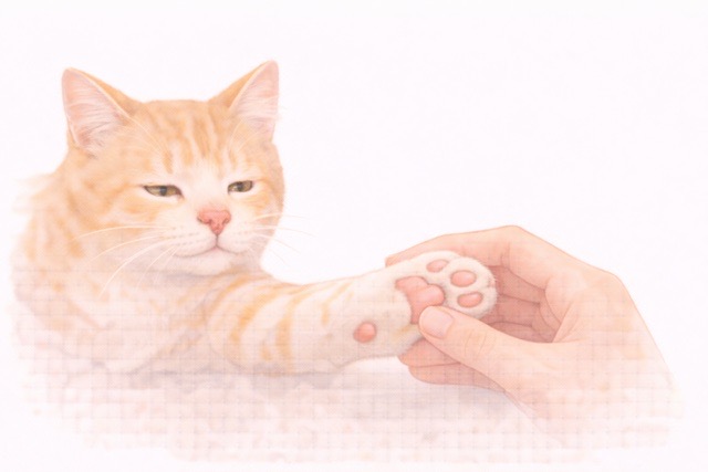 飼い主が猫の肉球をやさしく触っている様子