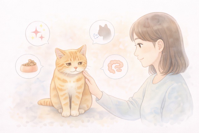 春の不調で受診を考えたい猫の体調サインを示すイラスト