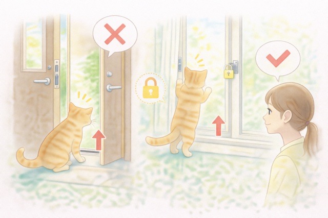 春の発情期に外へ出たがる猫と脱走対策のイメージ