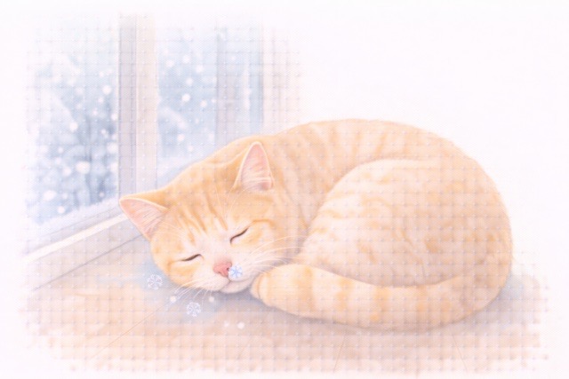 猫が窓辺で丸くなって寝ているイラスト。 鼻が少し冷たくなっているイメージ。