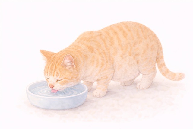 水皿から水を飲んでいる猫のイラスト