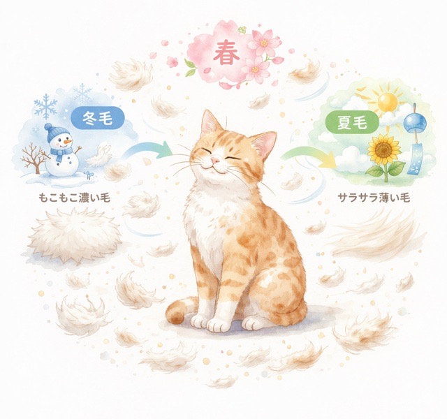 春の換毛期に冬毛から夏毛へ変わる猫のイメージ図