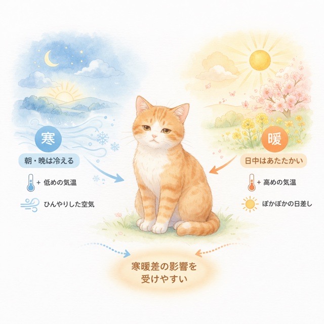 春の寒暖差で猫の体調がゆらぎやすいことを示す図