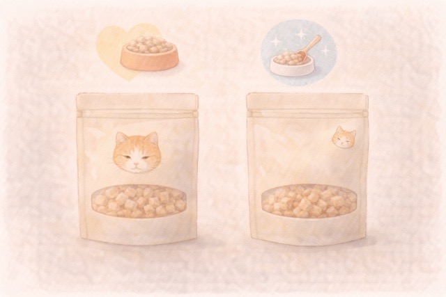 主食向きと補助的な使い方を示す2種類のフリーズドライのイメージイラスト。商品ごとの位置づけの違いを表現