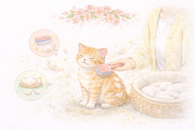 春の換毛期に猫をブラッシングして寝床を清潔に保つ様子