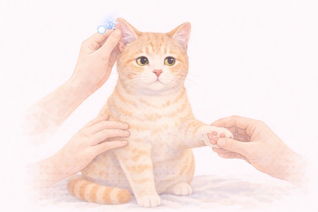 飼い主が猫の体に触れて体調チェックする様子