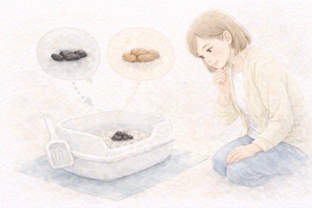 猫の黒いうんちと正常なうんちの違いを示した比較イラスト