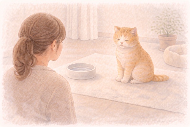シニア猫の水分不足サインを日常の様子から飼い主が確認するイラスト