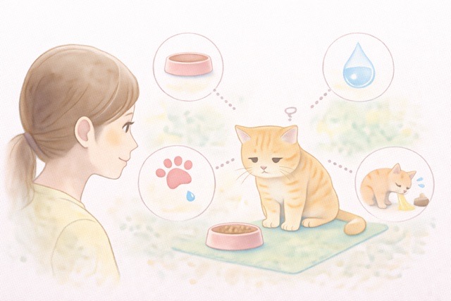 春の食欲低下で受診を考えたい猫の体調サインを示すイラスト
