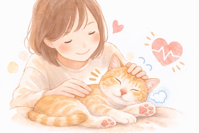 飼い主が猫を優しく撫でながら体調を見守っているイラスト。