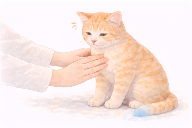 飼い主がシニア猫の体全体を見て体調チェックしている様子