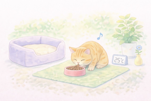 春に猫がごはんを食べやすい環境を整えている様子