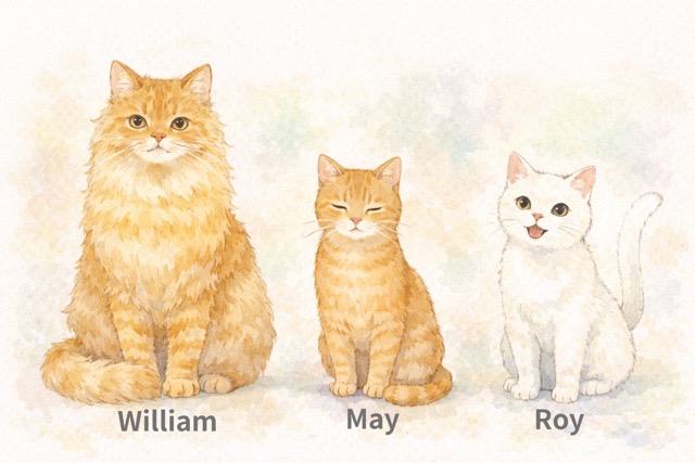 長毛と短毛の猫が並び、ブラッシングの好みの違いを表した水彩風イラスト(我が家の歴代の猫3匹)