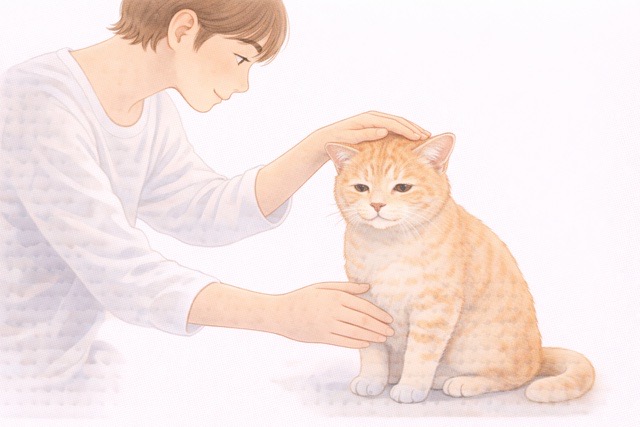 シニア猫の頭や体調をやさしく見守る飼い主