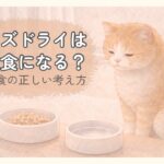 フリーズドライのごはんと水の器を前に、考える猫のイラスト。フリーズドライ総合栄養食を主食として与えてよいか迷うイメージ