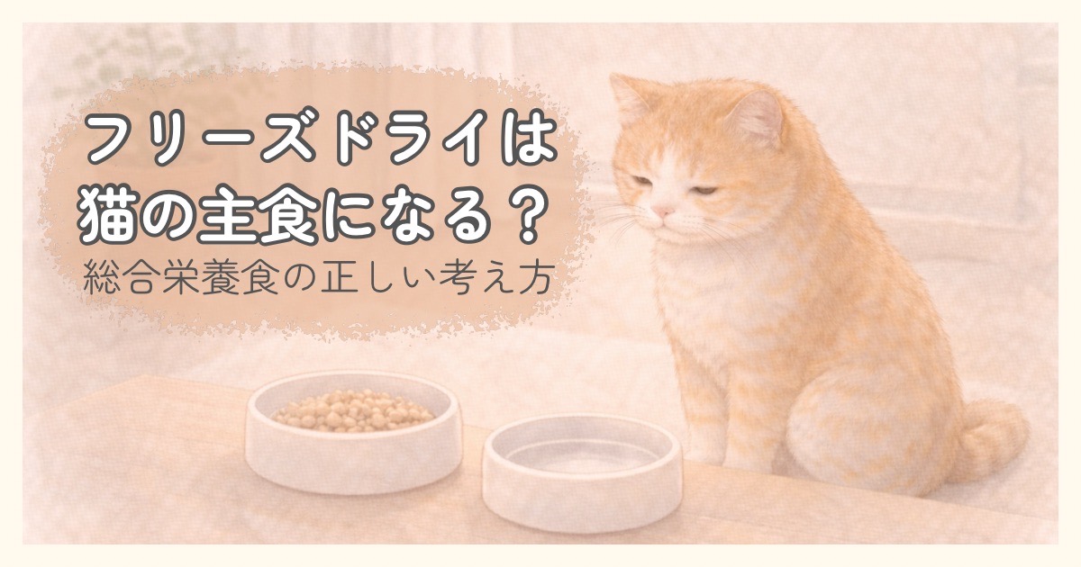 フリーズドライのごはんと水の器を前に、考える猫のイラスト。フリーズドライ総合栄養食を主食として与えてよいか迷うイメージ