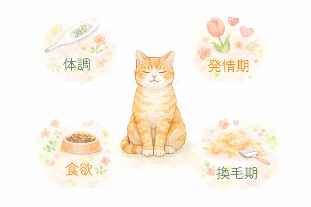 春に猫に起こりやすい体調、食欲、発情期、換毛期の変化を示した図