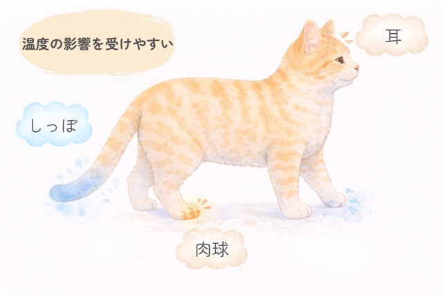 猫の体の末端（しっぽや耳など）は温度が変わりやすいことを説明する図