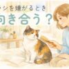 猫がブラシを少し嫌がる様子を、飼い主がやさしく見守っている水彩風イラスト