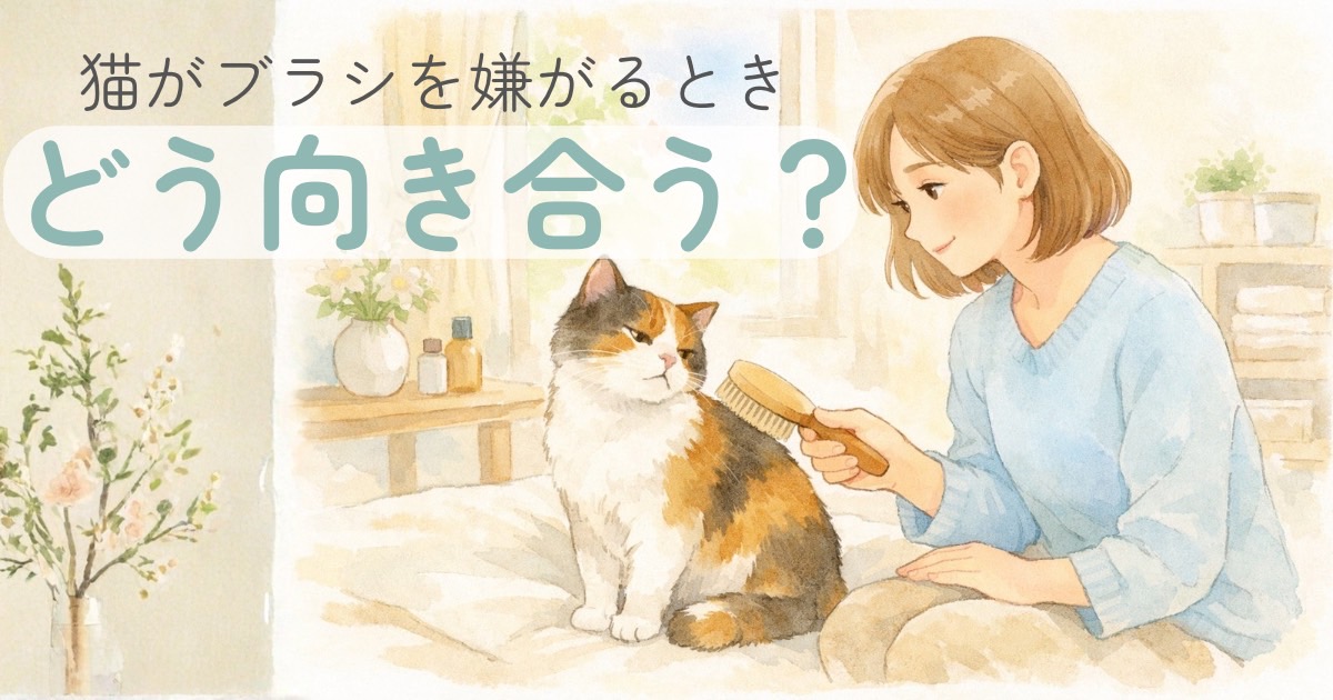猫がブラシを少し嫌がる様子を、飼い主がやさしく見守っている水彩風イラスト