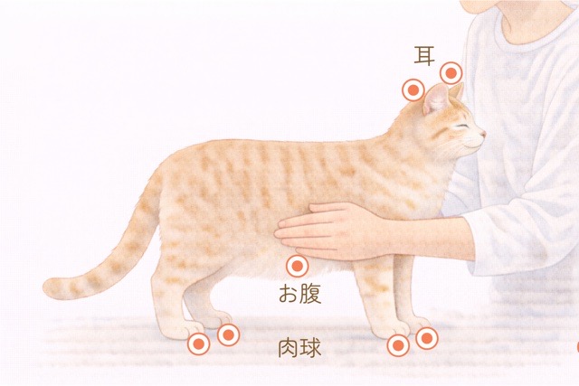 猫の耳や肉球、お腹の温度を触って体温の変化を確認する図